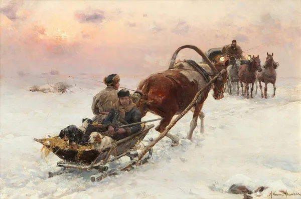 Abendliche Schlittenfahrt mit Hunden av Alfred von Wierusz-Kowalski