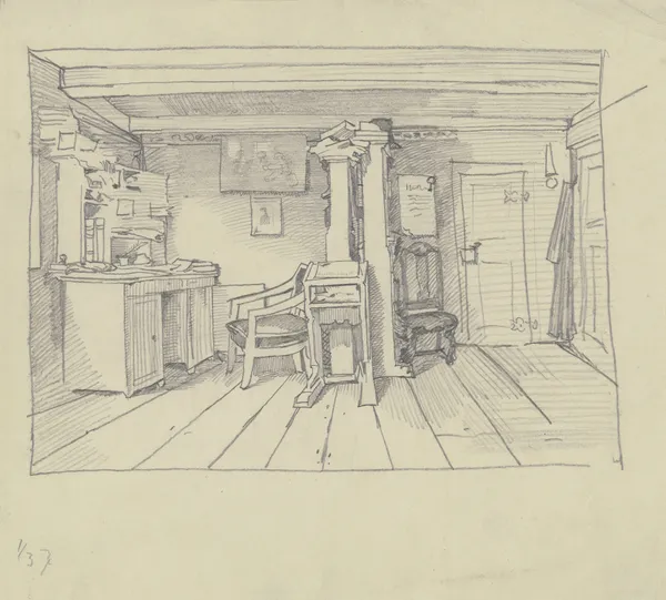 Zimmer mit Schreibtisch, Stehpult und Bücherregalen av Wilhelm Busch