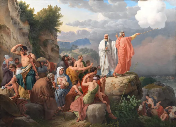 Moses lader Det Røde Hav vende tilbage og Faraos hær oversvømmes av Christoffer Wilhelm Eckersberg