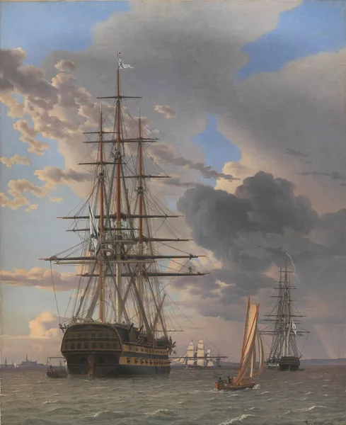 The Russian Ship of the Line ‘Asow’ and a Frigate at Anchor near Elsinore av Christoffer Wilhelm Eckersberg
