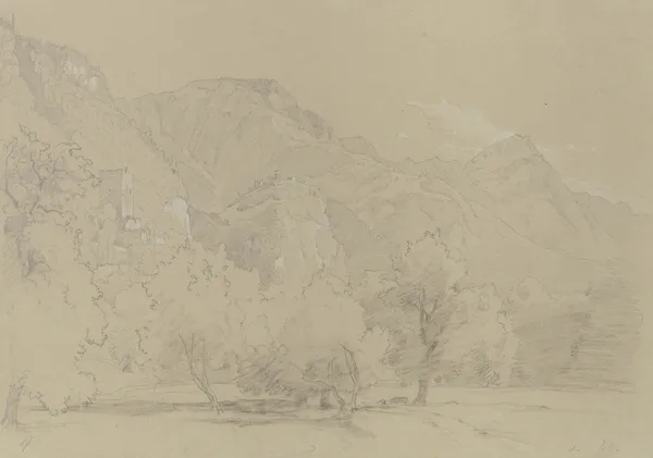 Gebirgszug mit Burgruine und Besiedlung av Johann Wilhelm Schirmer