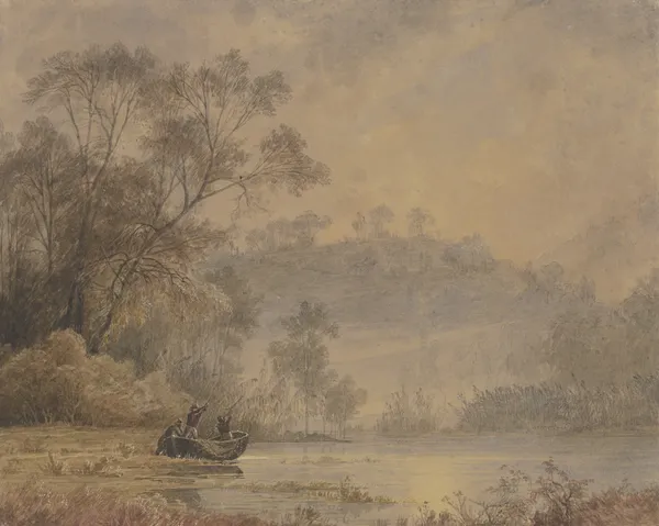 Waldsee, von dessen Ufer ein Kahn mit drei Männern ablegt av Johann Wilhelm Schirmer
