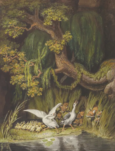 A Goose and a Gander with their Goslings Honking in Alarm as Two Foxes with their Cubs Emerge from the Rushes (mid-18th–early 19th century) av Johann Heinrich Wilhelm Tischbein