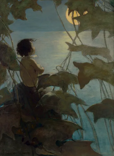 He looked up at the broad yellow moon and thought that she looked at him av Jessie Willcox Smith