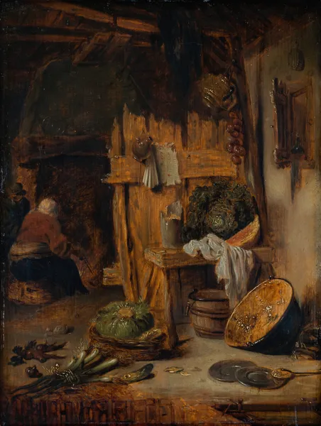 Kitchen Interior with Woman by the Hearth av Willem Kalf