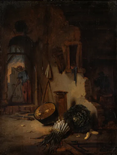 Kitchen Interior with Woman sweeping av Willem Kalf