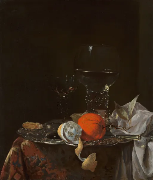 Still Life with Fruit and Wineglasses on a Silver Plate av Willem Kalf