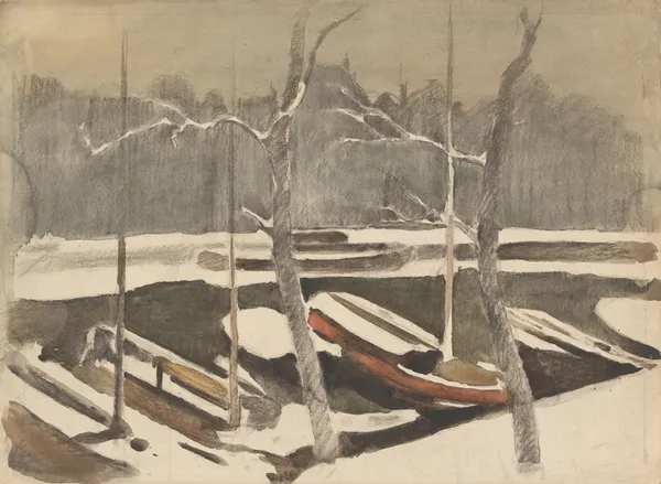 Gemeerde schuiten aan een besneeuwde grach av Willem Witsen