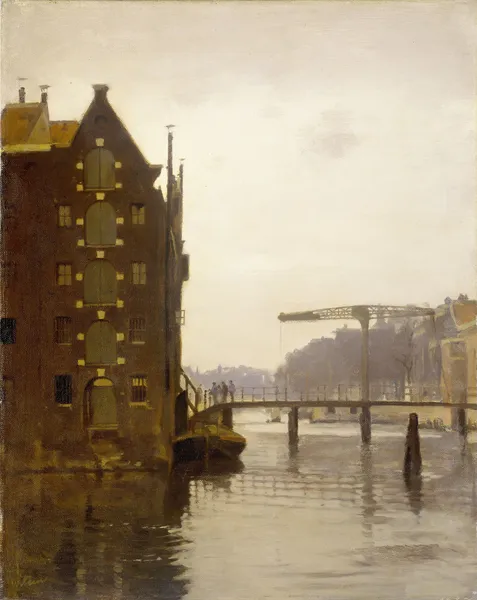 Pakhuizen aan een Amsterdamse gracht op Uilenburg av Willem Witsen