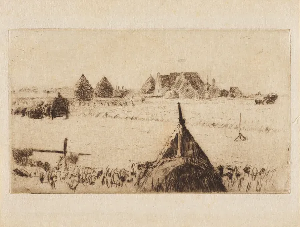 Landschap met hooimijten av Alfred William Finch