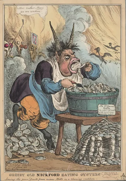 Greedy old Nickford eating oysters, leaving the poor devils from minor hells in a starving condition. av William Heath