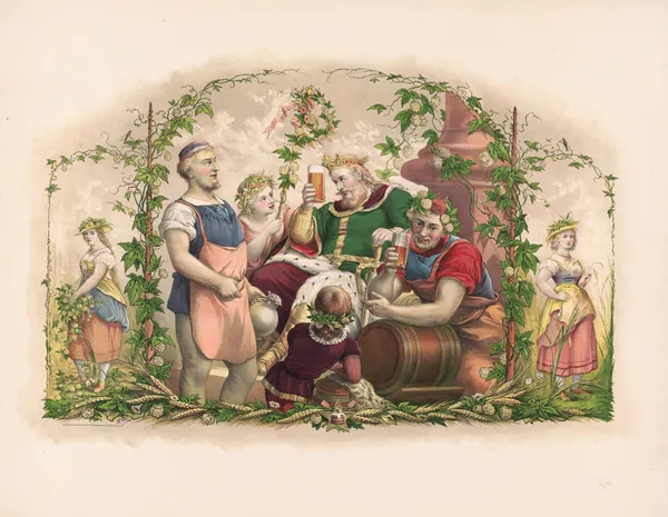 King Gambrinus seated, attended by brewers av Wittemann Bros.