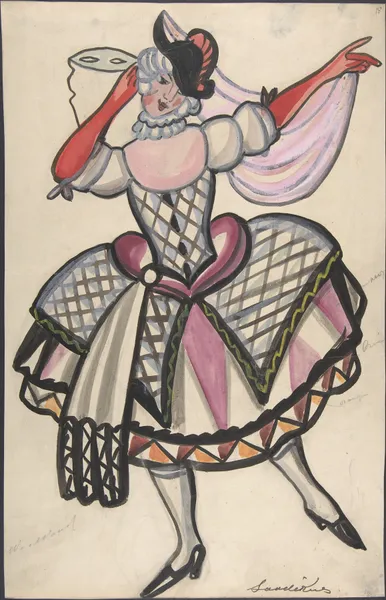 Woman in a harlequin costume holding a mask av Sergey Yurievich Sudeikin