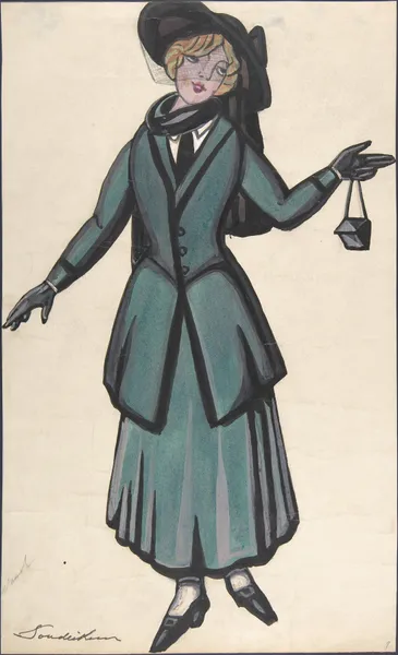 Woman wearing a blue-green suit av Sergey Yurievich Sudeikin