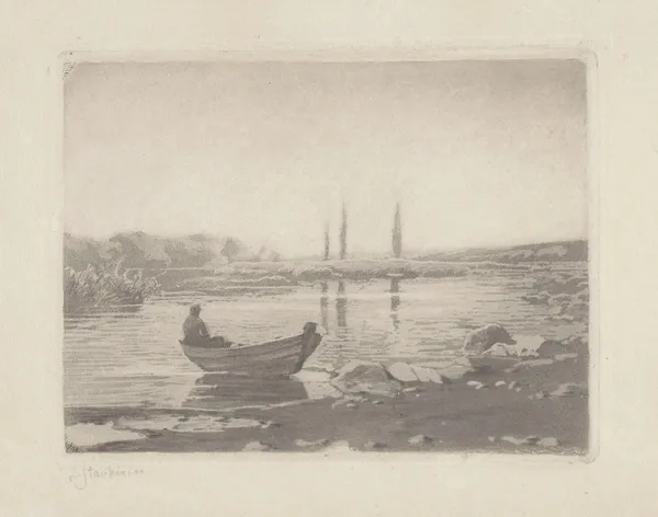 View of a lake with a boat by the shore av Zofia Stankiewicz
